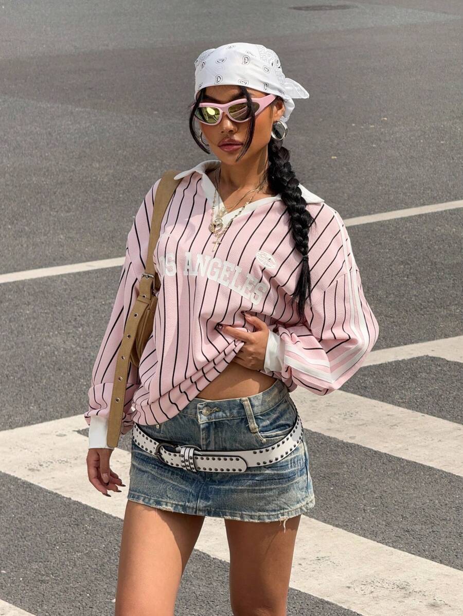 Muchica Camiseta de estilo deportivo con rayas y estampado de letras y números para mujeres, nuevo diseño - Rosa - Ver 1