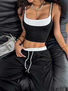 Coolane Conjunto de ropa de primavera/verano para mujer con estilo de calle de moda, parte superior de cami con empalme de colores contrastantes 2 en 1 + pantalones con bloques de color