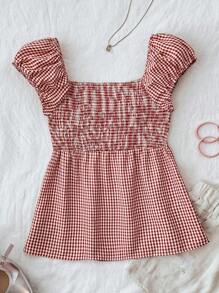 SHEIN TEENGIRL Burgundy Retro Plaid Ruffle Trim A-Line Top, College Casual Style