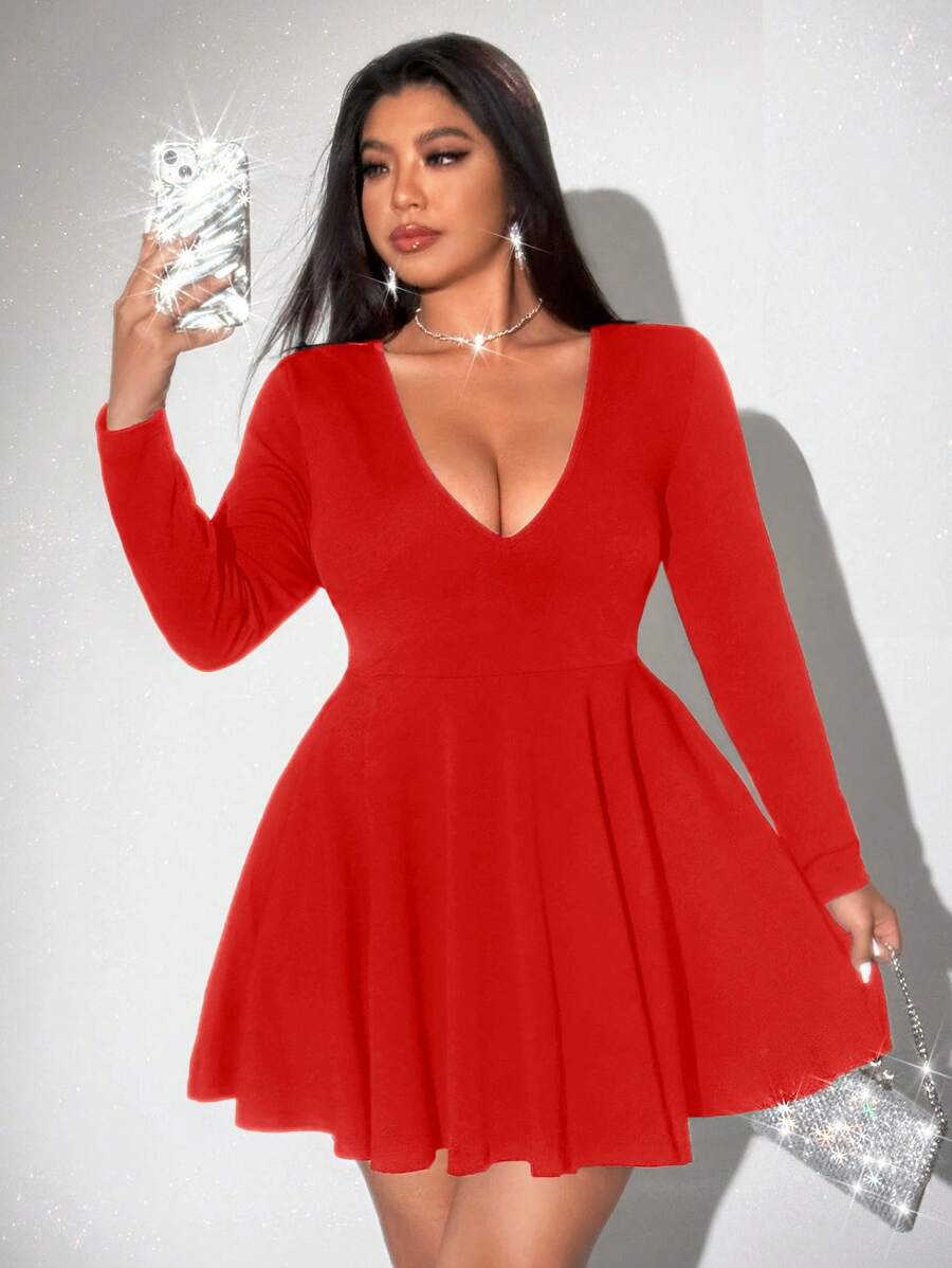 Viva Relle 大码女式性感深 V 领镂空露背 A 字型泡泡袖纯色时尚百搭短款连衣裙 - 紅色 - 查看 1