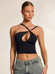 Glamine 性感黑色不对称无袖镂空不对称领口上衣，生日背心，节日派对背心，女士约会之夜背心，基础款上衣，外出上衣，夜店装 - 黑色 - 查看 5