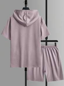 Manfinity Homme Bộ 2 áo thun nam tay ngắn màu trơn có dây rút và quần short, trang phục thường ngày cho nam Bộ 2 món - Màu tím - Xem 2