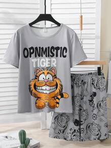 2 件青少年男孩灰色背景虎纹印花短袖 T 恤和短裤休闲家居服套装 - 灰色 - 查看 1