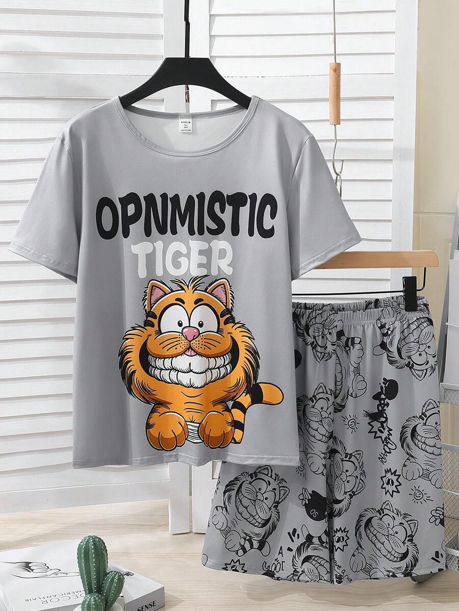 2 件青少年男孩灰色背景虎纹印花短袖 T 恤和短裤休闲家居服套装 - 灰色 - 查看 1