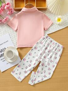 2pcs/Set Baby Girl Minimalist Style Short Sleeve Collared Top With Rose Color Pants Home Outfit Set - Dusty Pink - View 2