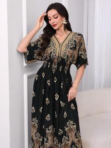 SHEIN Lacomfia 女士休闲印花 V 领短袖优雅连衣裙 - 黑色 - 查看 4