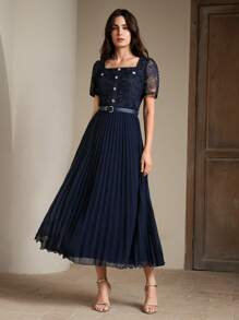 Anewsta Spitzen-Patchwork Chiffon Swing A-Linien Kleid, elegantes neues Design mit kurzen Ärmeln für Damen - marineblau - Übersicht 5