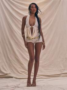 MUSERA 纹理针织露背领超低胸镂空圆环细节垂坠上衣节日狂欢伊比沙岛西部外出上衣