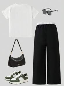 Young Girls Casual Short Sleeve Round Neck T-Shirt And Sports Pants Set, Simple And Fashionable, Suitable For Summer