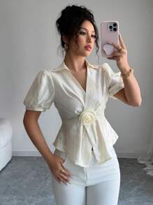 SHEIN Unity Women's Solid Color V-Neck Short Sleeve Floral 3D Shirt - Apricot - View 6