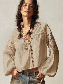 Bohemela Loose Fit Button Up Casual Shirt For Women, Fashionable Summer - Apricot - View 4