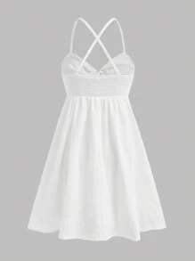 Girlism Vestido con burbujas con tirantes de espagueti, corte calado y textura de gasa esmocada blanca para adolescentes, atuendo casual y de vacaciones, conjunto de playa para primavera/verano