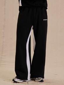 Men Drawstring Waist Contrast Panel "Musero" Slogan Graphic Print Flare Leg Sweatpants SPRING SUMMER - Black and White - View 2