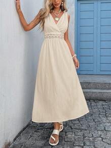 SHEIN VCAY Women's Solid Color Waist Spliced Lace Sleeveless Elegant Dress, Suitable For Vacation,Bohemia - Apricot - View 3