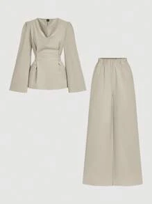 Firerie 2 件女式秋冬系带长袖衬衫上衣和美人鱼下摆裙子套装，开衩长袖衬衫套装，鱼尾长裙套装，优雅/通勤/休闲/商务/度假/职业装 - 杏色 - 查看 8