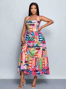 SOLERSUN New Spring And Summer Plus Size Women's Vacation Daily Leisure Outing Color Bar Digital Print Halter Sleeveless Dress - Multicolor - View 4