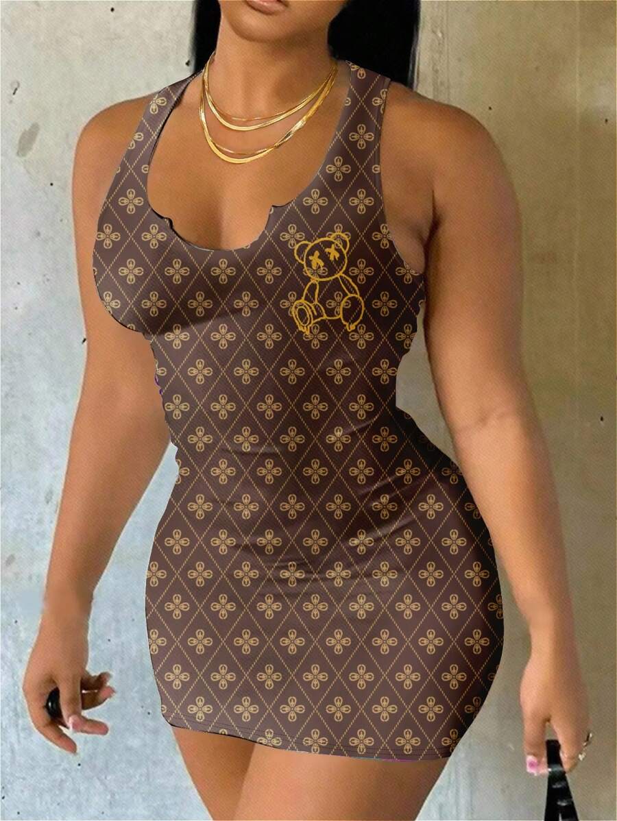 Slaydiva Classic Floral Pattern Casual Minimalist Plus Size Bodycon Dress Suitable For Going Out Chic Dress