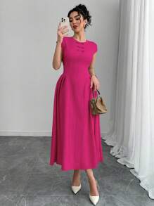 Chiquease Đầm nữ tay ngắn trang trí nơ màu trơn thanh lịch - Màu Hồng Tươi - Xem 6