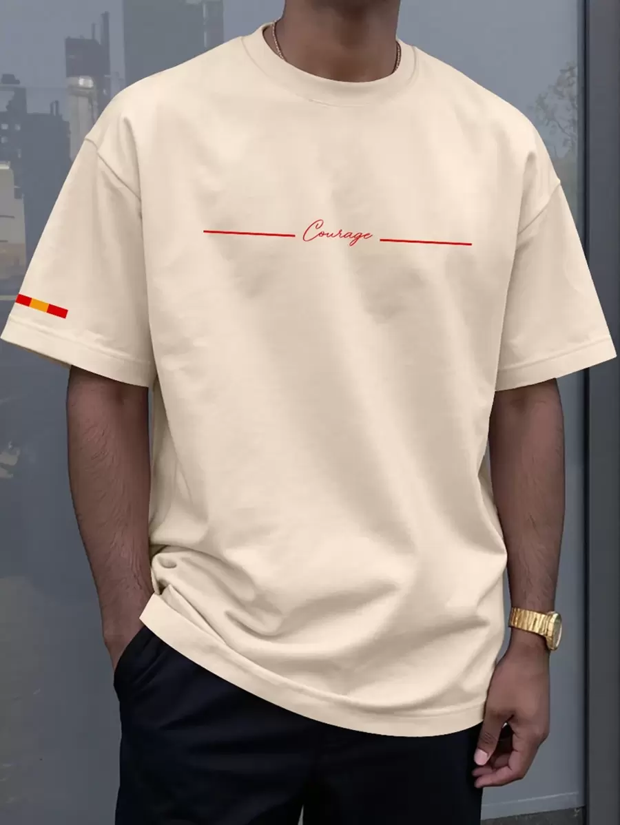 Manfinity Homme Camiseta de manga corta de cuello redondo con estampado de letras casual para hombre - Caqui - Ver 1