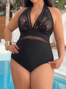 Swim Lushoire Costume da bagno intero taglie forti, in tinta unita con contrasto in pizzo traforato, stile minimalista, adatto per uso quotidiano, vacanze al mare, estate per le donne