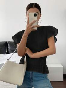 Siren Gaze 女士纯色荷叶边袖时尚收腰衬衫 - 黑色 - 查看 6