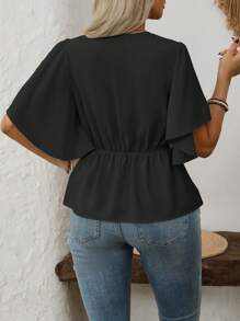 Vionelle 大码女式优雅法式时尚通勤休闲度假 V 领纽扣装饰腰部喇叭袖短袖衬衫，春夏 - 黑色 - 查看 2