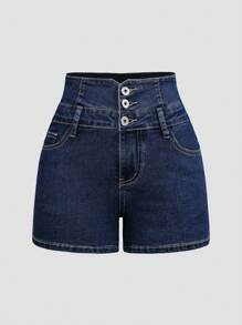 SHEIN Essnce Casual Washed Front Button Slim Fit Denim Shorts - Dark Wash - View 1