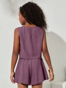 SHEIN NovaGlow Tween Girl Tween Girls' Casual Solid Color Sleeveless Woven Top And Shorts Set - Red Violet - View 2