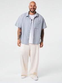 EASEVO 大码男士宽松休闲编织蓝白竖条纹短袖衬衫 - 藏蓝色 - 查看 3