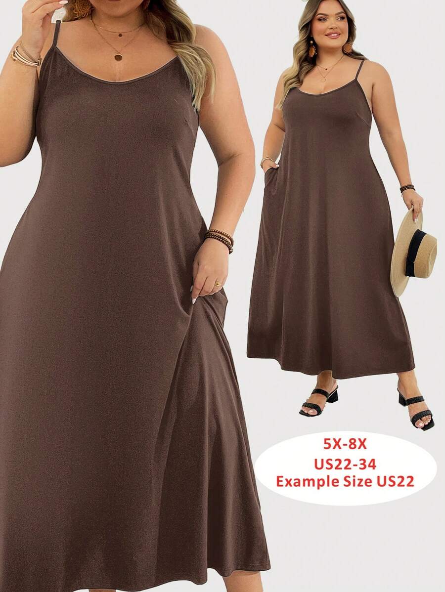 SHEIN CURVE+ 超大码基本款黑色细肩带连衣裙，春夏 - 咖啡棕 - 查看 1