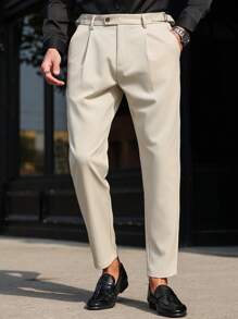 Manfinity Mode Calças de terno masculinas plus size minimalistas e elegantes, adequadas para o verão - Damasco - Ver 5