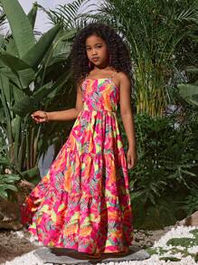 SLAYR Tween Girl Tropical Floral Green Leaf Beach Vacation Patchwork Sleeveless Backless Bow Maxi Dress Mommy And Me Matching Outfits - Hot Pink - View 7