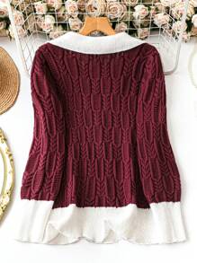 SHEIN LUNE Suéter de punto de manga larga con bloques de color para mujer talla grande, jersey de punto para otoño e invierno - Burdeos - Ver 2