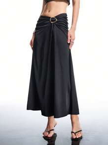 LYSMO 2025 New Arrival Summer Women's Matte Satin Asymmetrical One-Shoulder Knot Top And Knot Detail Skirt Set,Party Cloth - Black - View 7