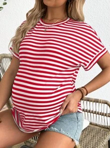 SHEIN Loose Fit White Short Sleeve Striped Maternity T-Shirt - Red and White - View 1