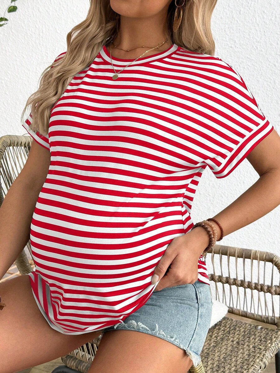 SHEIN Loose Fit White Short Sleeve Striped Maternity T-Shirt - Red and White - View 1