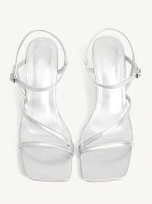 CUCCOO CHICEST Women Silver Wedge Heel Square Toe Strap Slide Sandals - Silver - View 7