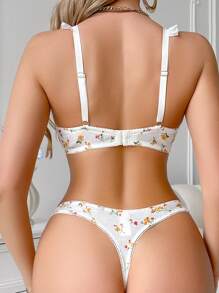 2pcs Women Floral Print Contrast Lace Underwire Lingerie Bra & Panty Set - Multicolor - View 2