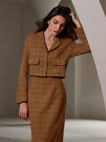 Aveloria Modichic 2pcs French Chic Tweed Notch Collar Jacket And Mini Skirt Set For Women, Autumn Holiday Party Clothes  Fall Cloth For Women