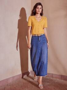 MOTF PREMIUM CAMISETA DE ENCAJE GUIPUR DE CONTRASTE - Amarillo - Ver 4