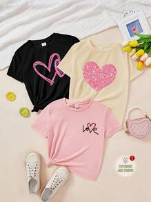 SHEIN Leap Crew Tween Girls Casual Minimalist Cartoon Graphic Multi-Piece T-Shirts, Suitable For Summer - Multicolor - View 1