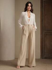 Anewsta Fashionable Modern Commuter Pearl Rhinestone Decor Women Office Pants, Elegant Casual Work Outfits For Women - Cream - View 5