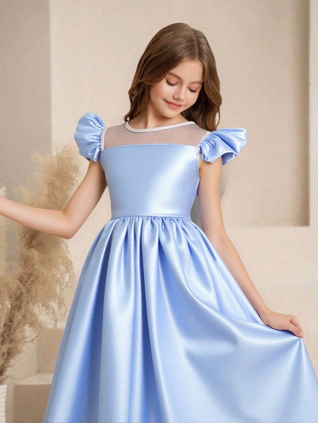 少女缎面婚纱，蕾丝拼接盖袖设计，搭配可爱蝴蝶结后背，儿童生日派对婚礼花童礼服，梦幻公主装 - 藍色 - 查看 1