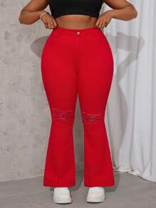Slaydiva Plus Size Plain Denim Jeans, Casual & Fashion, Suitable For Summer - Red - View 1