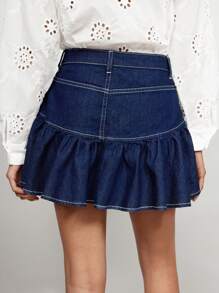 Maija Women's Blue Denim Skirt With Ruffle Hem - Dark Wash - View 5