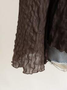 SHEIN WYWH 大码女式卡其色针织纹理网眼前开襟系腰喇叭袖衬衫 - 咖啡棕 - 查看 3