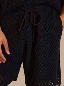 Musero Men Elasticated Drawstring Waistband Lined Crochet Knit Lightweight Jersey Shorts SPRING Style Wardrobe - Black - View 5