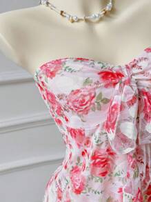 INAWLY Women's Floral Print Front Knot Bandeau Short Dress, Vacation Wear - Pink - View 5