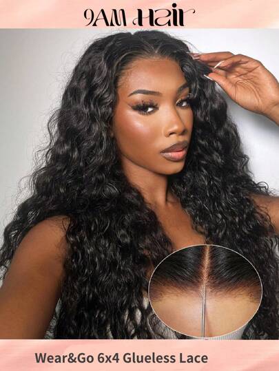 Wear&Go 6X4 无胶水波纹真人发假发，透明蕾丝，预拔毛预剪蕾丝前额假发，即戴即用蕾丝闭合假发，处女发，适合女性日常佩戴，自然黑色，初学者最佳选择，价格实惠的假发