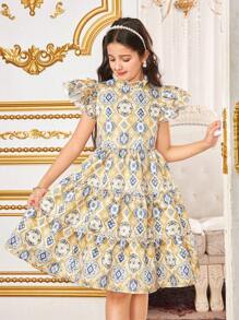 Tween Girls Elegant Geometric Retro Print Ruched Ruffle Hem Dress, Vacation, Gorgeous Palace Style, Gold Retro Print - Khaki - View 8